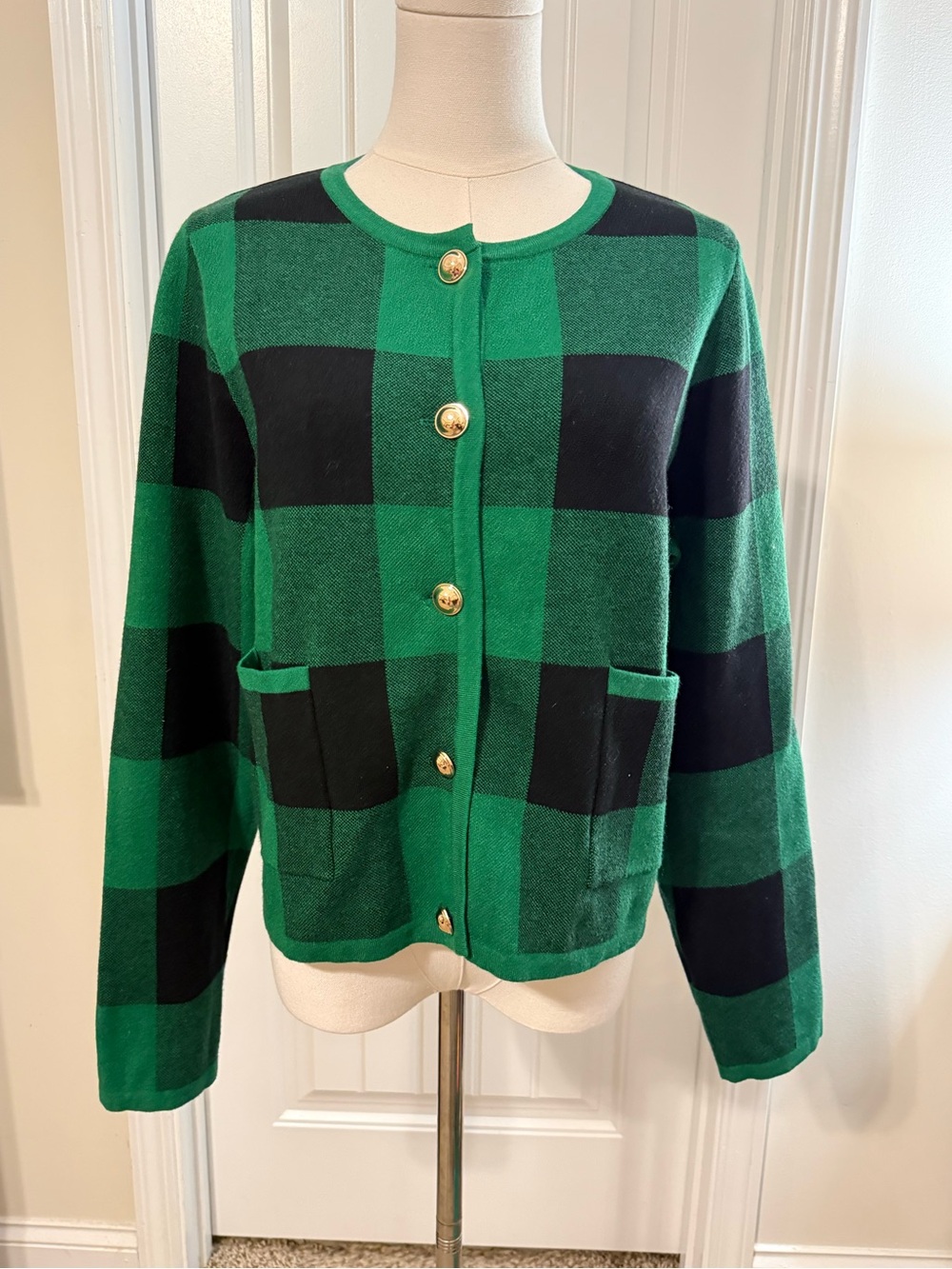 Entro Buffalo Plaid Button Up Cardigan in Black and Green